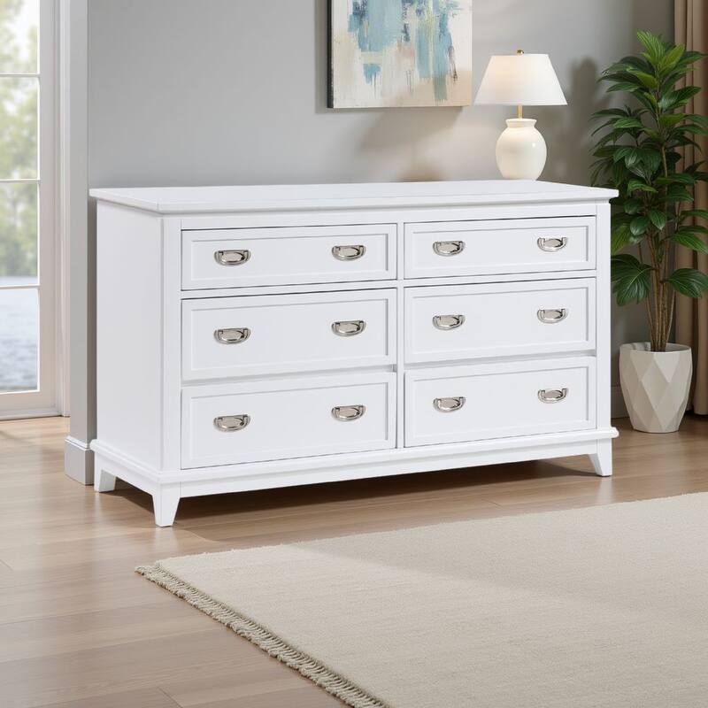 Sely Dresser, 55 Inch, 6 Drawers, White Wood, Nickel Ring Handles