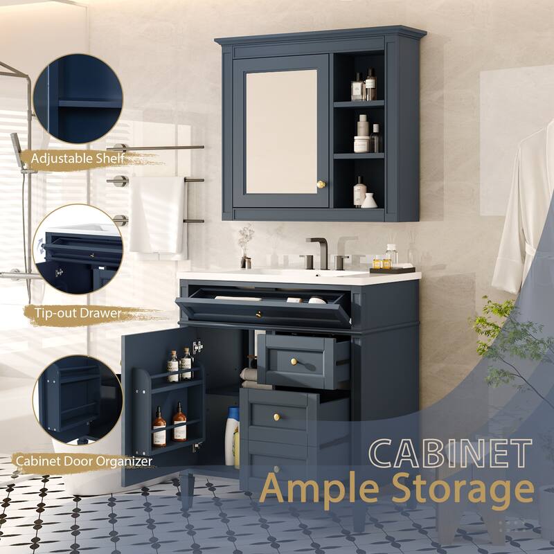 30'' Bathroom Vanity Set with Mirror Cabinet, Freestanding Bathroom Storage Cabinet with 2 Drawers and a Tip-out Drawer