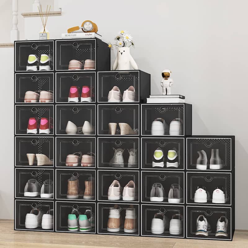 Moasis 24Pcs L Black Shoe Storage Storage Boxes with Clear Plastic, Sneaker Containers, Playthings Storage Organizer Bins