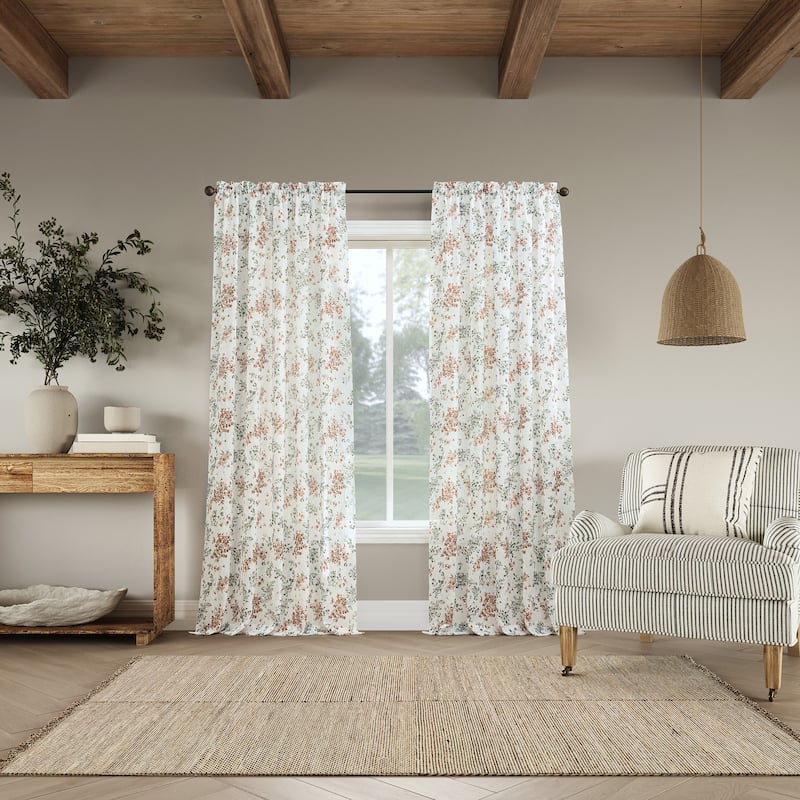 No. 918 Alethea Floral Print Crushed Voile Sheer Rod Pocket 1-Piece Curtain Panel, Single Panel
