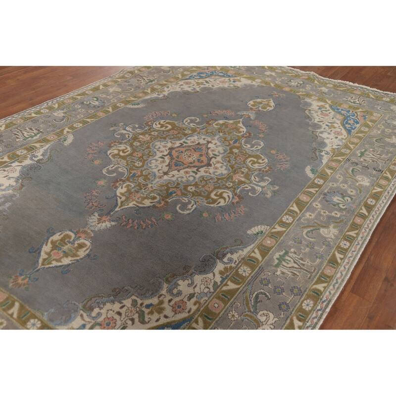Gray Tabriz Vintage Persian Area Rug Hand-Knotted Wool Carpet - 6'6" x 9'8"