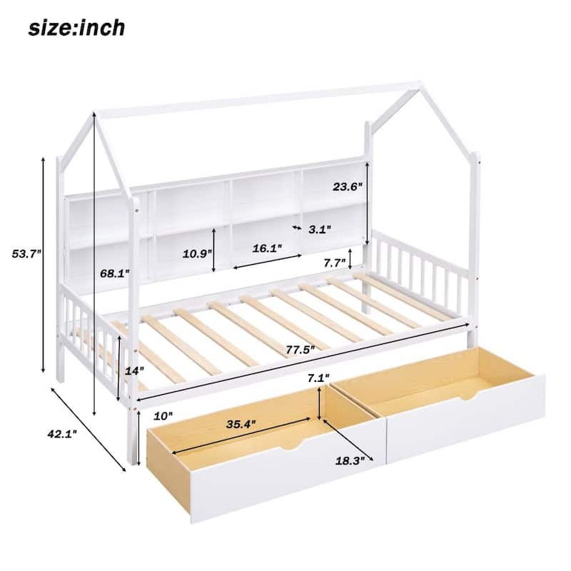 Wooden Twin/Full Size House Bed with 2 Drawers