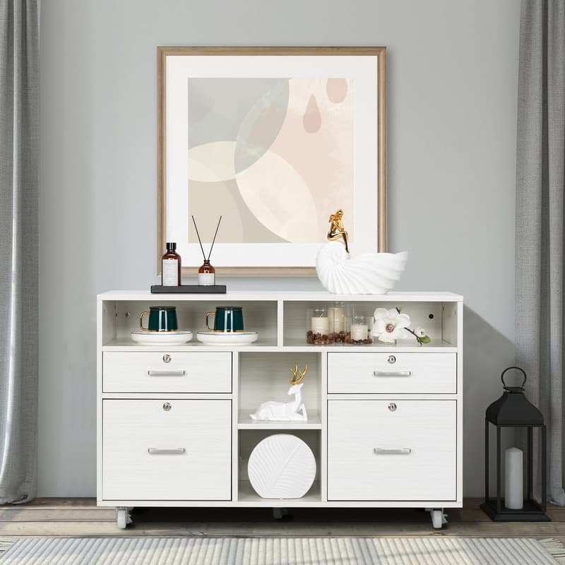 4 Drawer File Cabinet Wood Mobile Lockable Rolling with Shelves