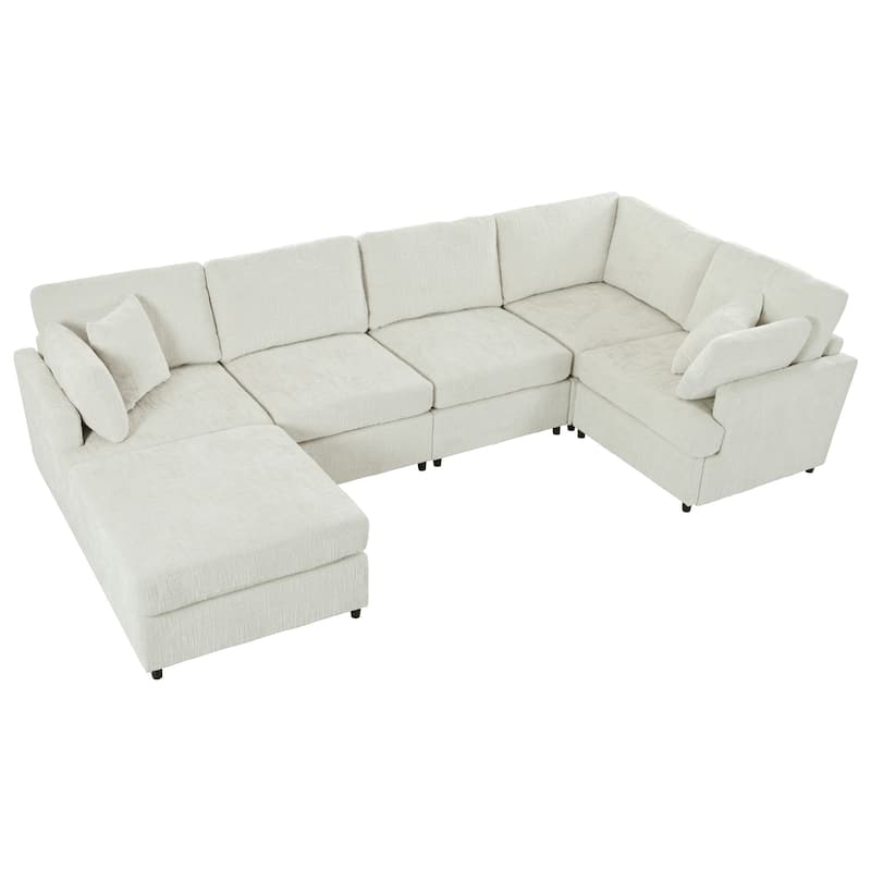 127 Inch U-Shaped Sectional Sofa with Movable Ottoman, 6-Piece Chenille Fabric Modular Couch with Pine Wood Frame