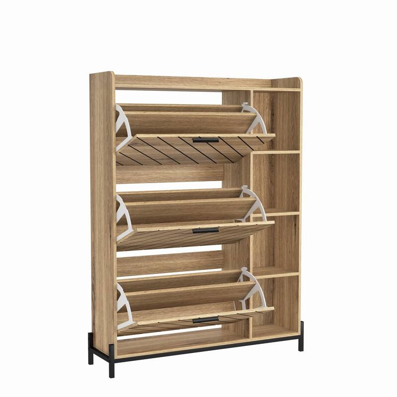 Shoe Cabinet with 3 Flip Drawers and Open Shelves