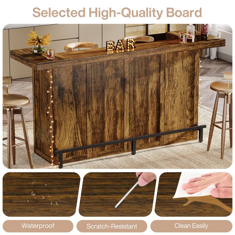 Industrial Wood Bar Table Liquor Cabinet with Wine Glass Holder