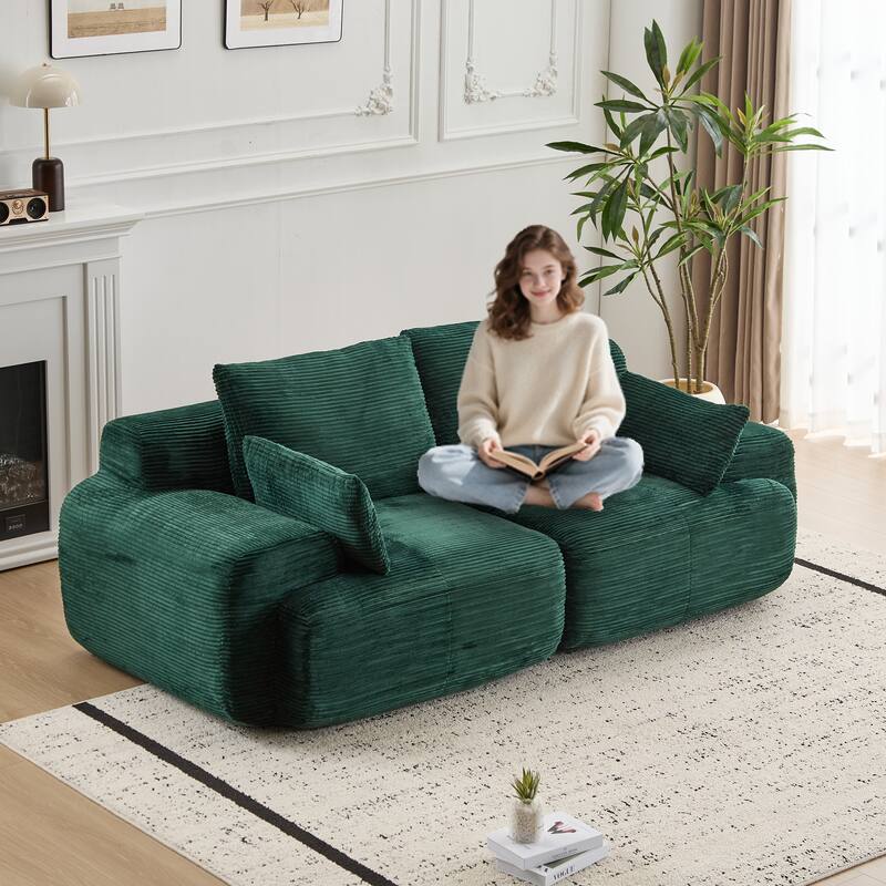Modular Sectional 2-Seater Cloud Couch, Corduroy Upholstered Boneless Sofa, Compressed Sofa with Cushion & Throw Pillows