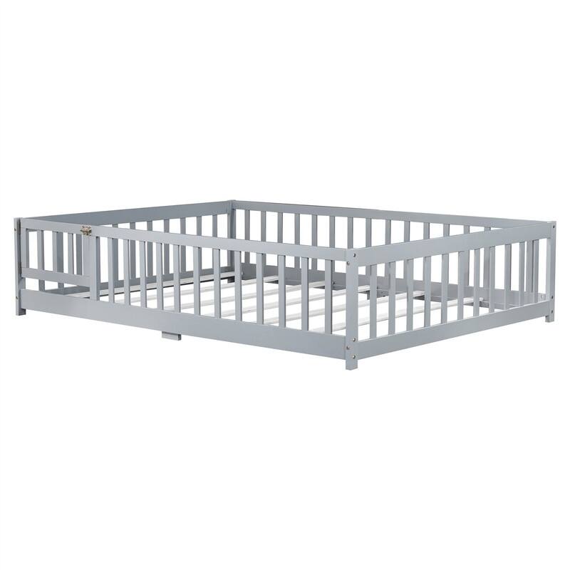Twin/Full/Queen Size Floor Bed with Fence Guardrails and Door, Rubber Wood Toddler Bed Montessori Bed with Slats Support
