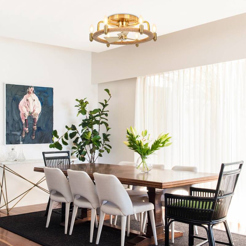 20.4" Gold Hemp Rope Chandelier Low Profile Caged Ceiling Fan with Light - 20.35 in. D x 20.35 in. W x 6.54 in. H