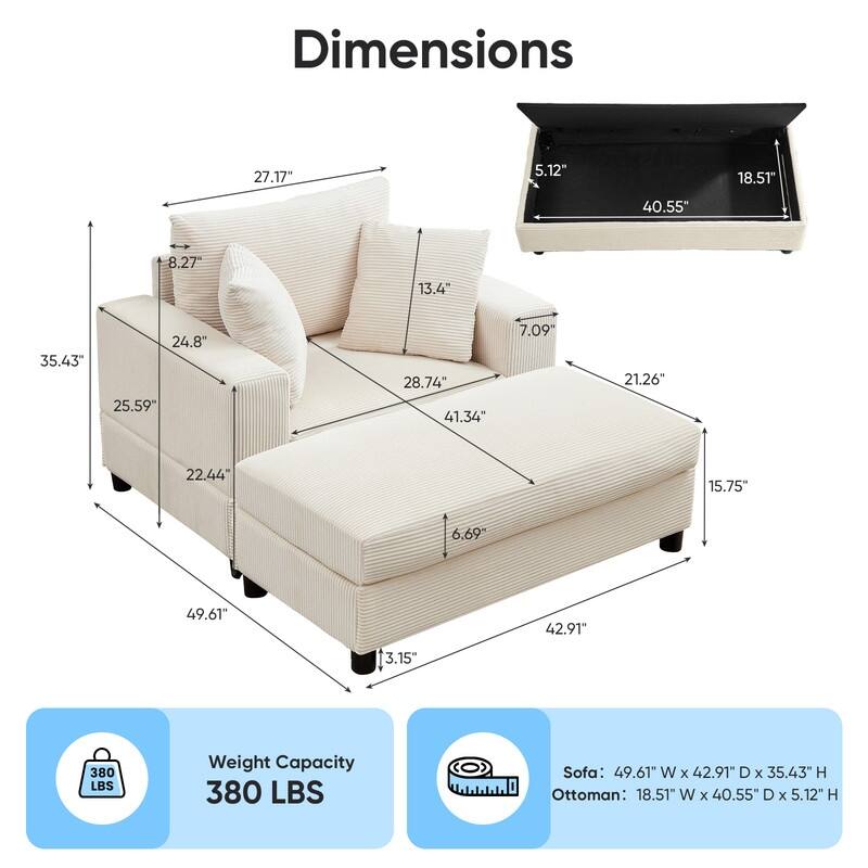 Mixoy Corduroy Chaise Lounge Deep Seat Sleeper Sofa Chair with Storage Ottoman,Upholstered 1-Seater/Loveseat Sofa Couch