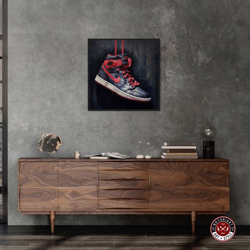 Notoriart Black And Red Hanging Sneaker Framed Sneaker 1 Piece Canvas Wall Art