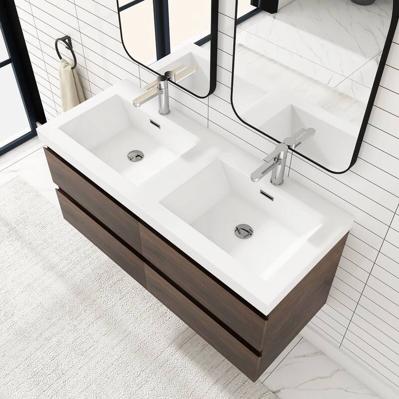 MDF Wall-Mounted Bathroom Vanity Set in Rose Wood with Integrated Culture Marble Sink