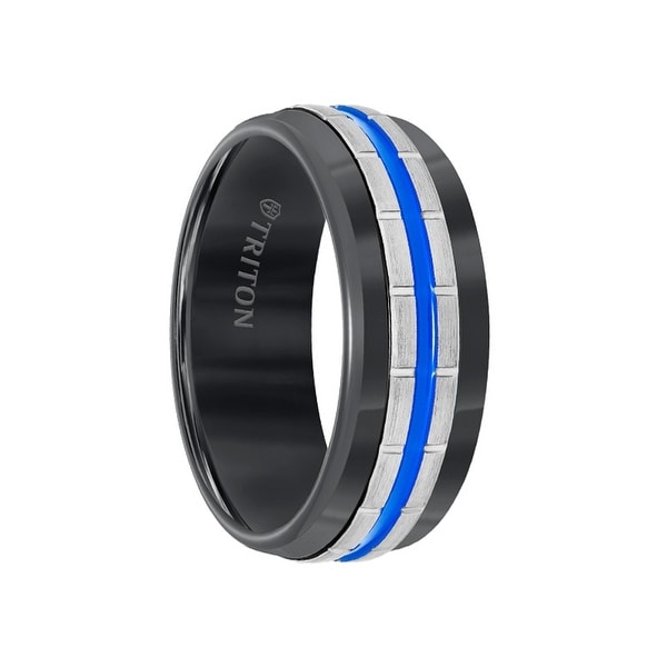 Black Tungsten Vertical Grooved Men's Wedding Band with Electric Blue Stripe Center by Triton Rings - 8.5mm