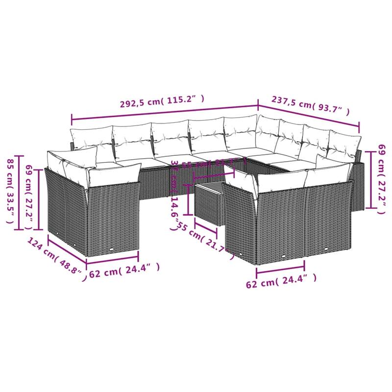 vidaXL Patio Sofa Set with Cushions Outdoor Furniture 13 Piece Poly Rattan - 21.7 x 21.7 x 14.6
