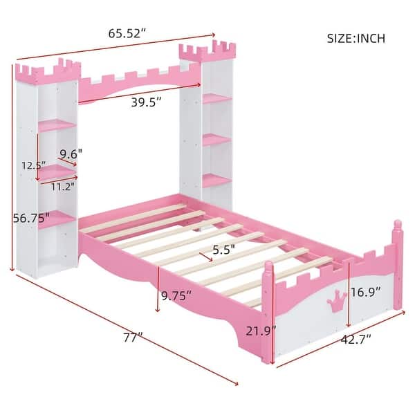 dimension image slide 0 of 2, Twin Size Castle-Shaped Kids Platform Bed Frame with 2 Storage Bookshelf, Wooden Dreamy Princess Bed