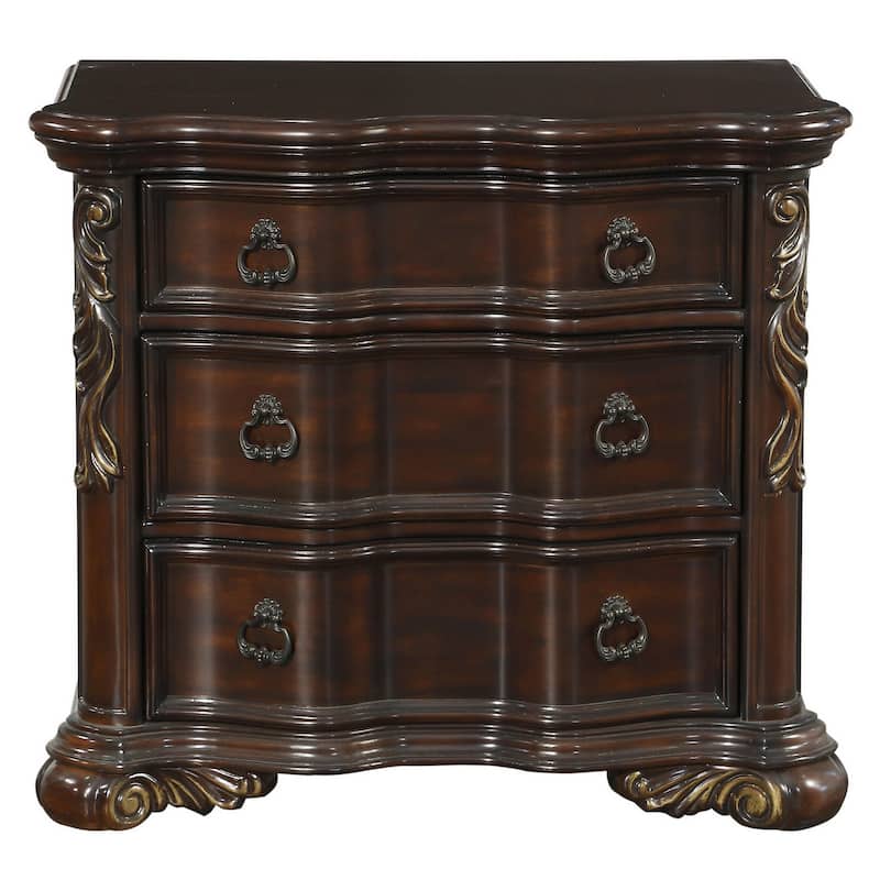 3 Drawer Nightstand with Carved Pilaster and Bracket Feet, Cherry Brown