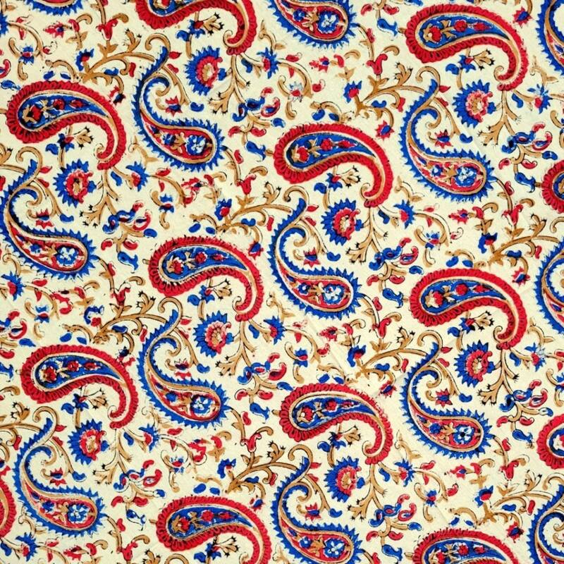 Eternal Bohemian Floral Block Print Tablecloth Round, Beige - Paisley Elephant, Red Blue Tan