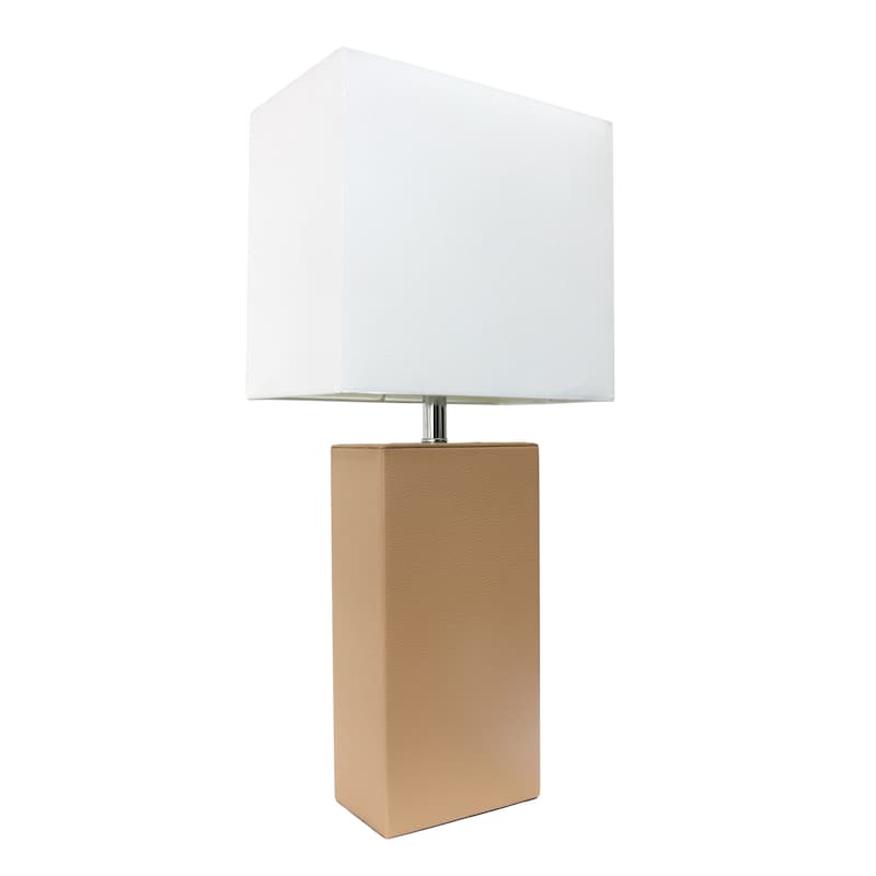 Leather Table Lamp with White Fabric Shade - Without Bulb - Beige