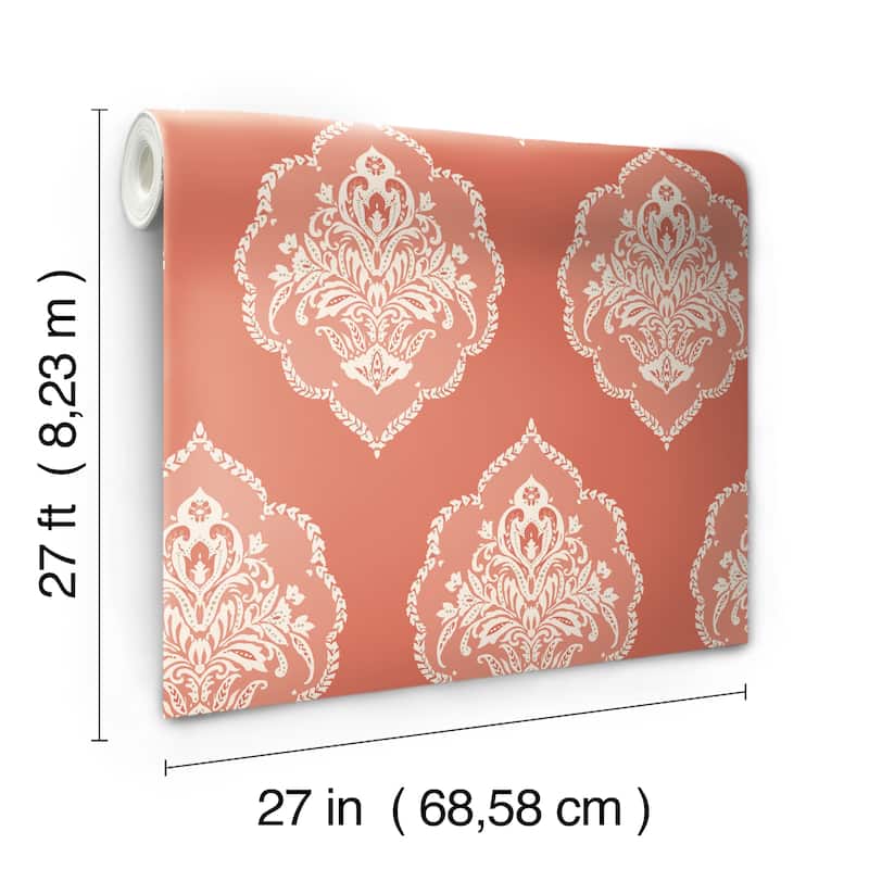 Fremont Coral Sure Strip Prepasted Damask Signet Medallion Dam Wallpaper Covers about 60.75 sq. ft.