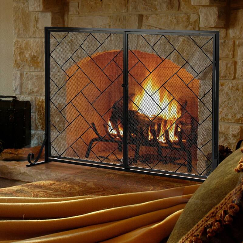 3-Panel Folding Wrought Iron Fireplace Screen with Doors and 4 Pieces Tools Set - 44.5" x 16" x 33.5" (L x W x H) - Black
