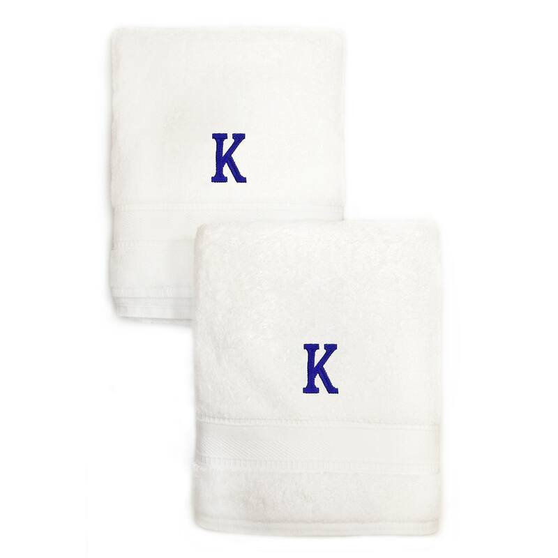 Sweet Kids 2-piece White Turkish Cotton Hand Towels with Royal Blue Monogrammed Initial - White/K