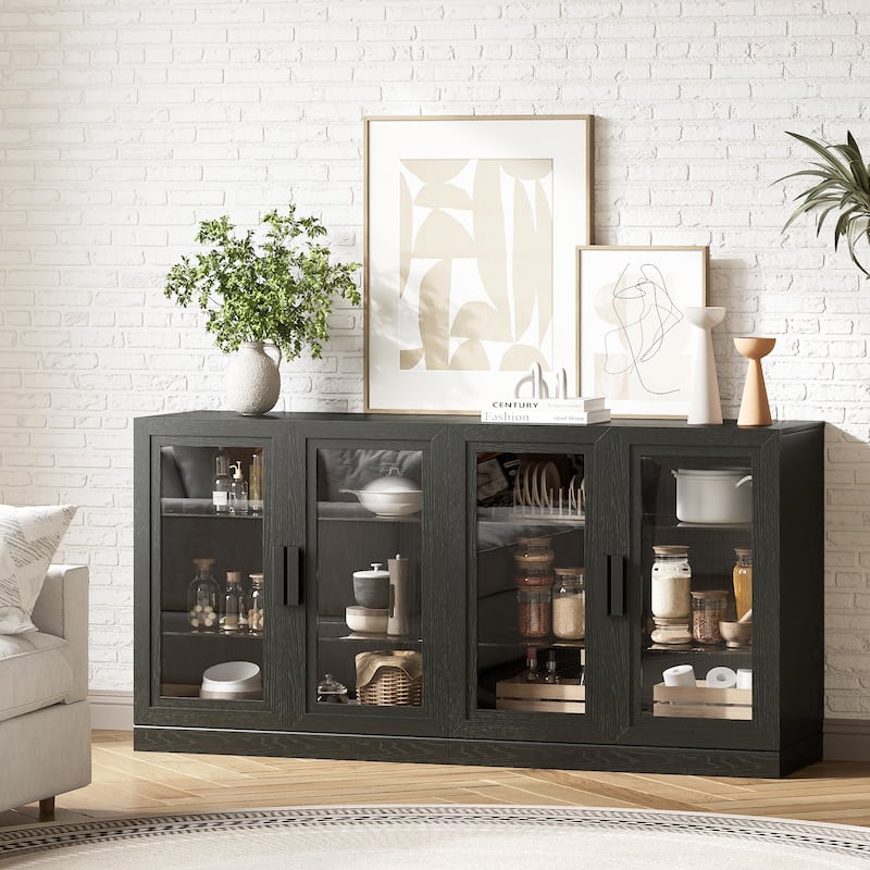 62"LX31"H Solid Wood Kitchen Pantry Sideboard Buffet Cabinet Storage with Glass Doors - Black