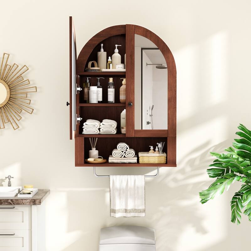 Wall Mounted Arched Cabinet with Mirrored Doors and Adjustable Shelves for Laundry Room, Bathroom, Kitchen