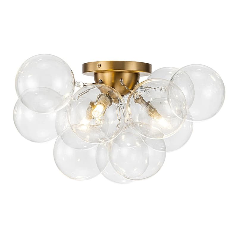 3-Light Clear Glass Globe Bubble Semi Flush Chandelier - Brass 18in
