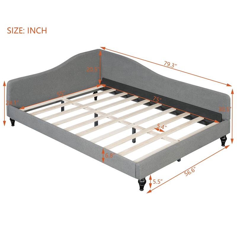 L-Shaped Curved Backrest Daybed, Linen Panel Bed Frame, Wood Platform Bed, Solid Wood Legs