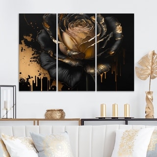 Designart "Black And Gold Rose II" Floral Rose Canvas Art Print - 3 ...