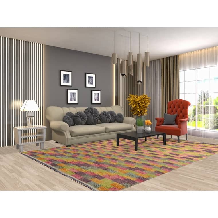 Checkered Moroccan Oriental Area Rug Hand-Knotted Wool Carpet - 6'11" x 10'4"