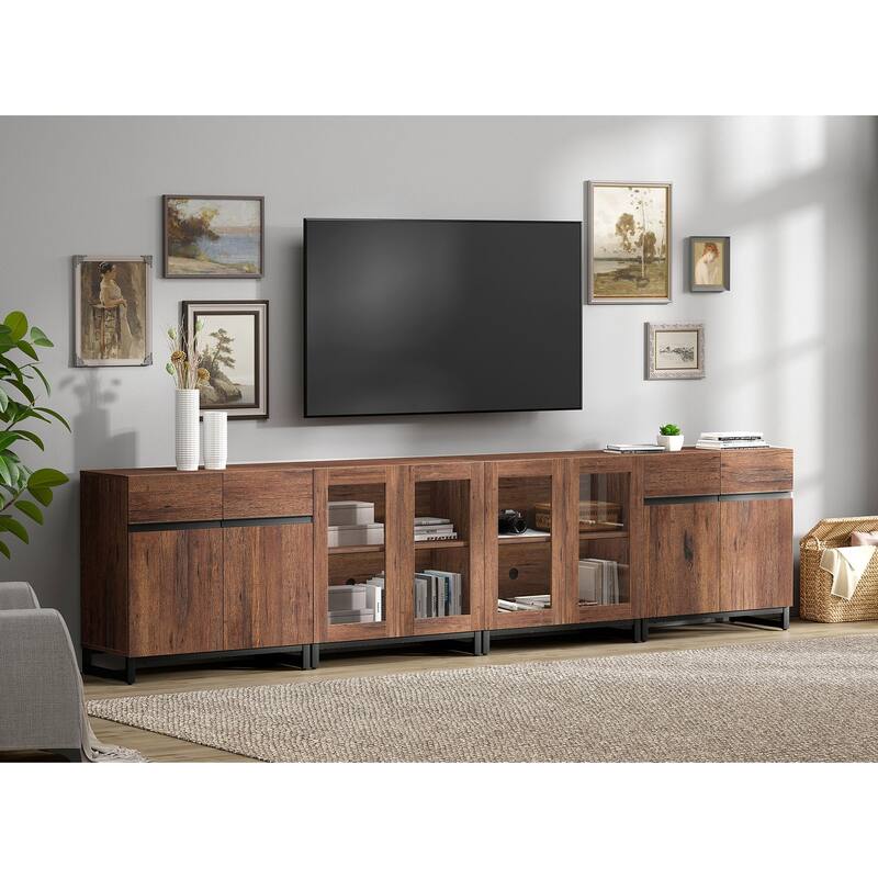 4-in-1 TV Stand for 120" TVs, Entertainment Center with Glass Doors & Metal Legs - 126 inches - Brown