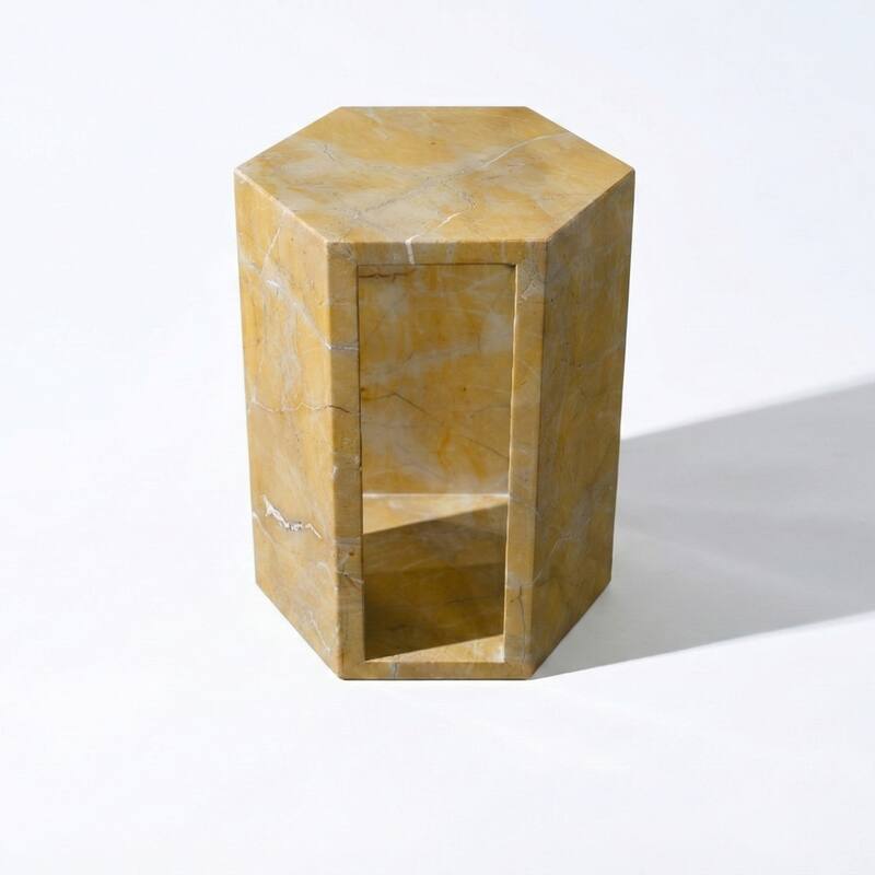 Roomfitters Luxury Natural Marble Hexagon Side Table, Solid Stone Geometric Pedestal End Table, Polished Finish