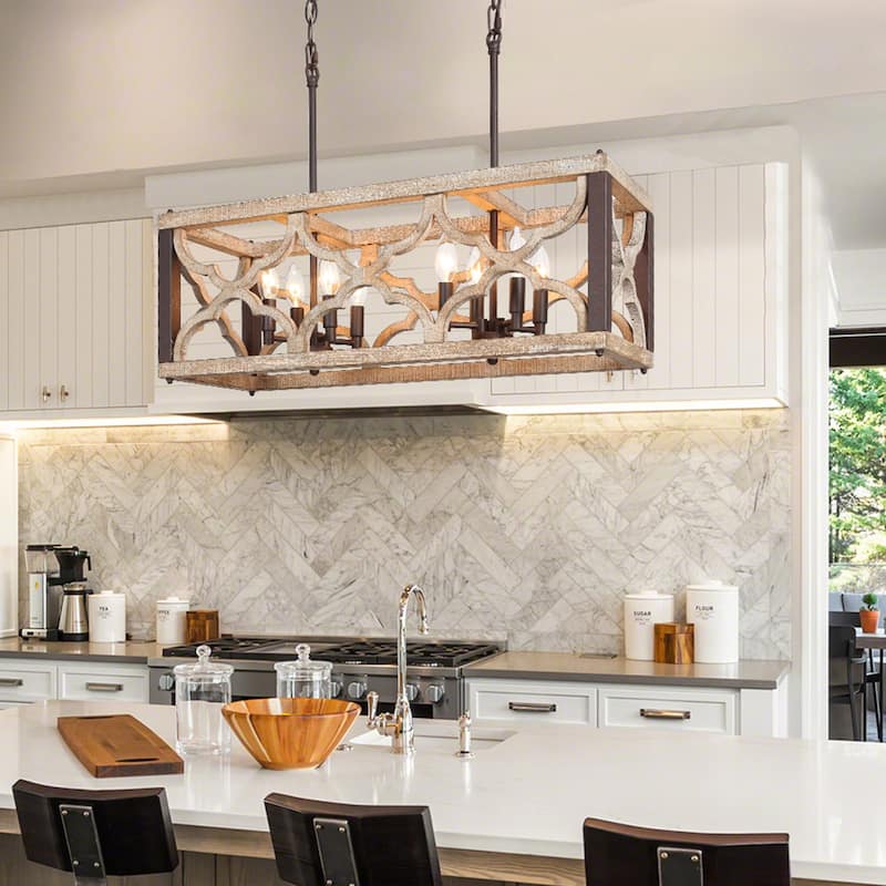 Clovy Modern Farmhouse 8-Light Wood Chandelier Island Lights for Dining Room - L 27.5" x W 10" x H 10"
