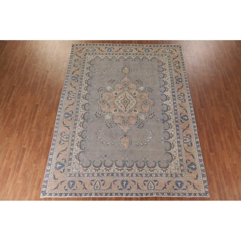 Hand Knotted Oriental 100% Wool Carpet Traditional Floral Greys & Charcoal Tabriz Area Rug - 12' 6'' X 9' 4''