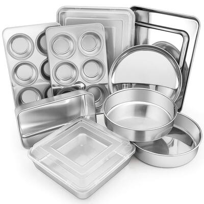 12-Piece Stainless Steel Bakeware Sets, Metal Baking Pan Set Include Round Cake Pans, Square/Rectangle Baking Pans with Lids