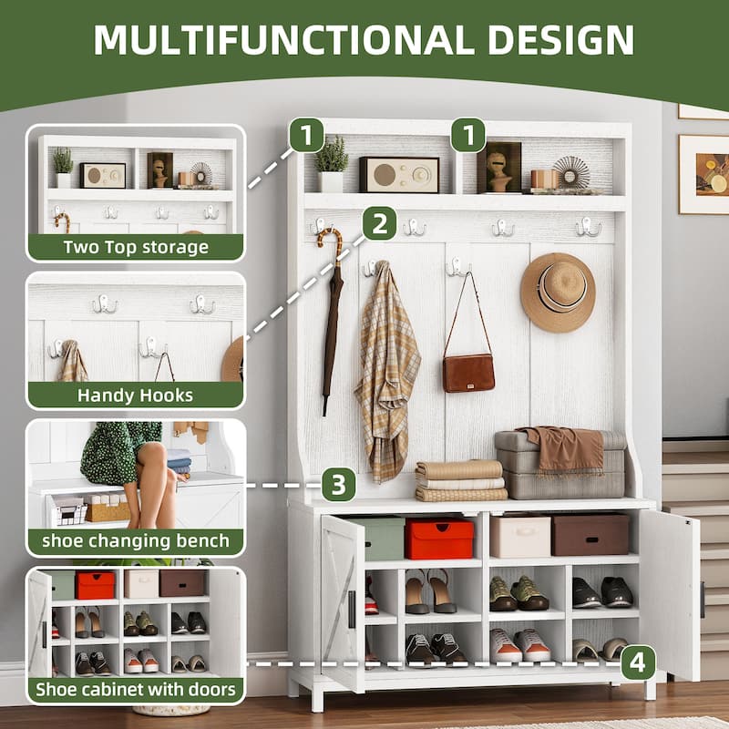 Moasis Farmhouse 39"W Hall Tree with Shoe Storage Seating Bench