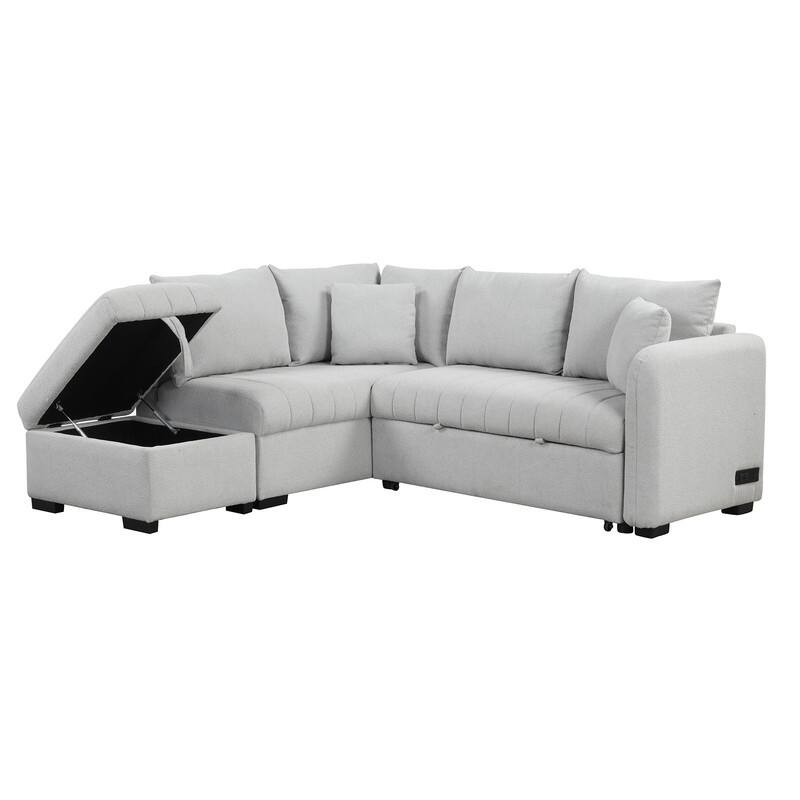 82.6" L-shaped Sectional Pull Out Sofa Bed Sleeper Sofa with Two USB Ports, Two Power Sockets and a Movable Storage Ottoman
