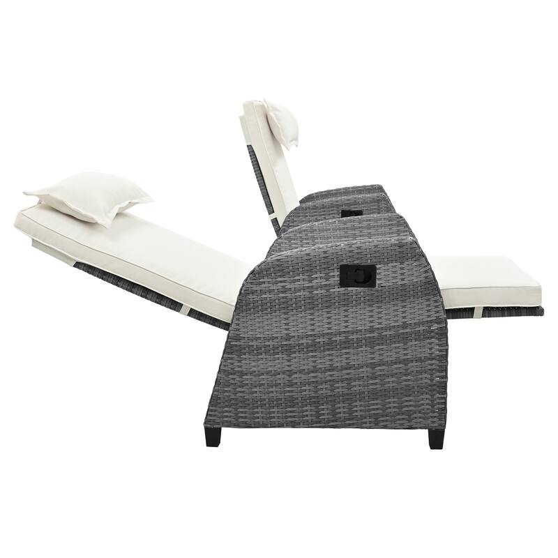 3-Piece Outdoor Patio Wicker Recliner Chair Set with Tempered Glass Table