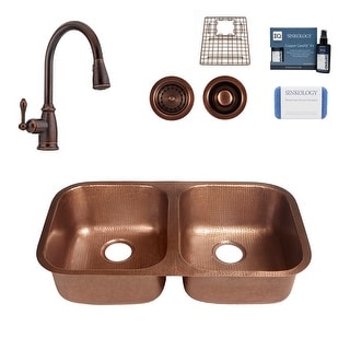 Sinkology Orwell Copper 32.25" Double Bowl Undermount Kitchen Sink with Canton Faucet Kit