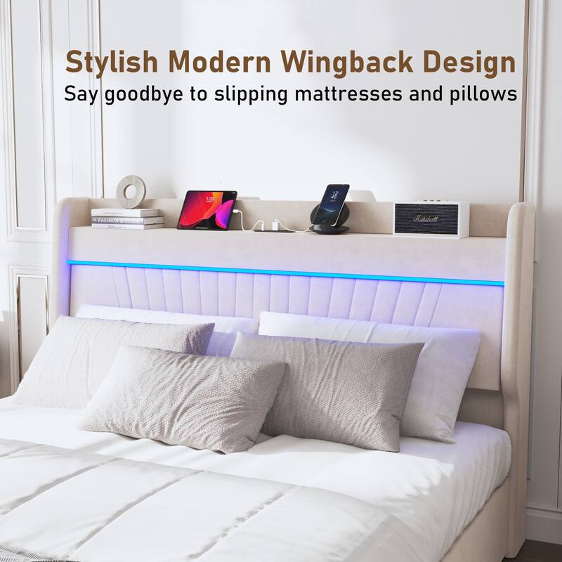 Queen bed Frame with Storage Upholstered Headboard and 4 Drawers, Velvet Upholstered Platform bed with LED Lights