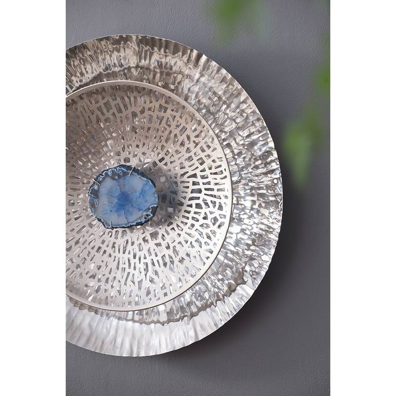Set of 3, Modern Wall Decor Silver Textured Oversized Disc with Blue Agate, for Living Room Bedrrom Entryway Office