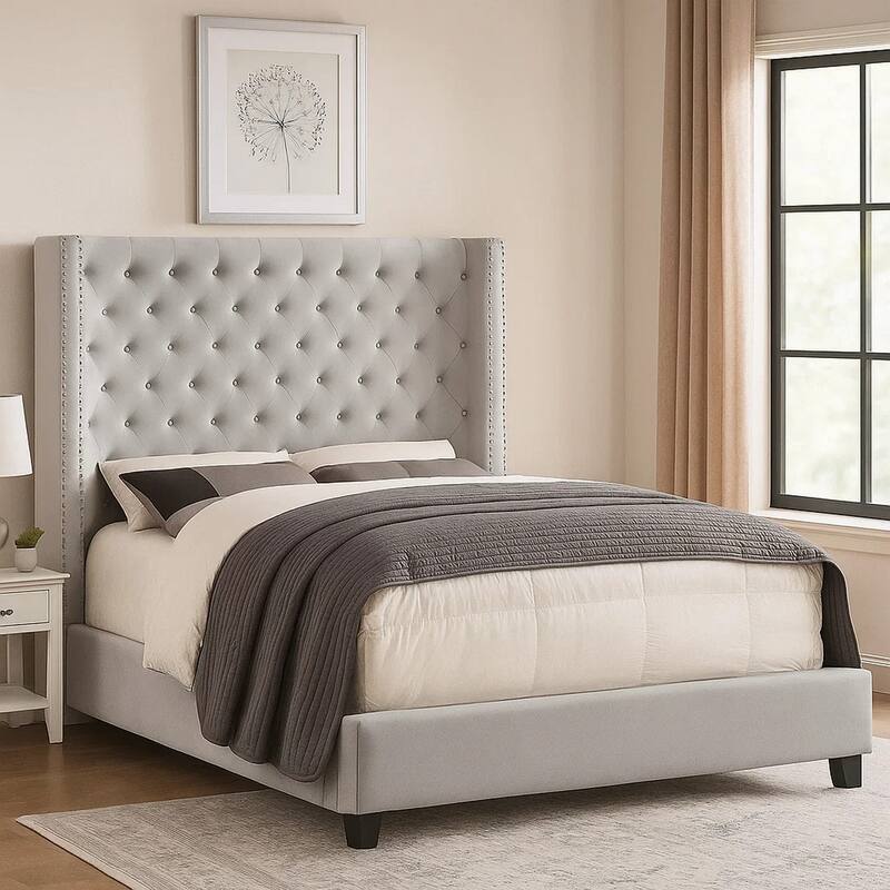 Rozy King Bed, Wingback Tall Headboard, Nailhead Trim, Ivory Upholstery