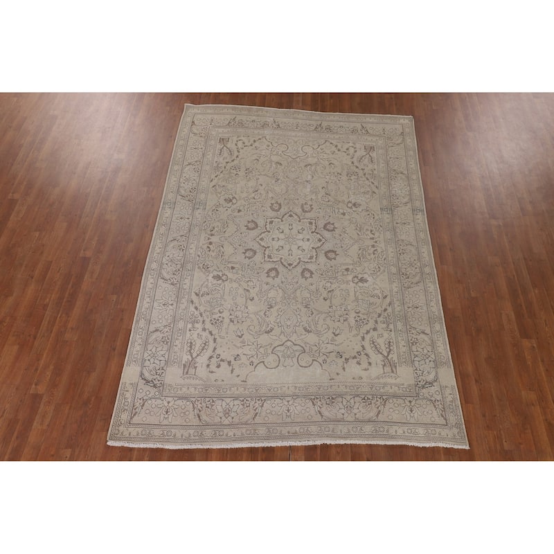 Traditional Tabriz Persian Vintage Rug Hand-Knotted Beige Wool Carpet - 6'6"x 9'7"
