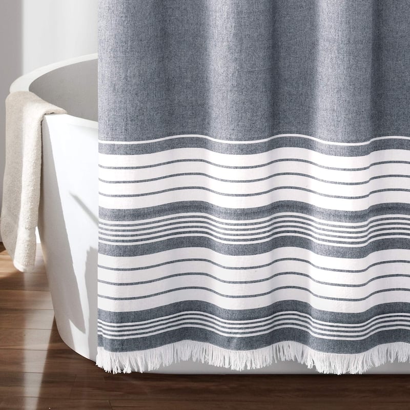 Navy Nantucket Yarn Dyed Cotton Tassel Fringe Shower Curtain