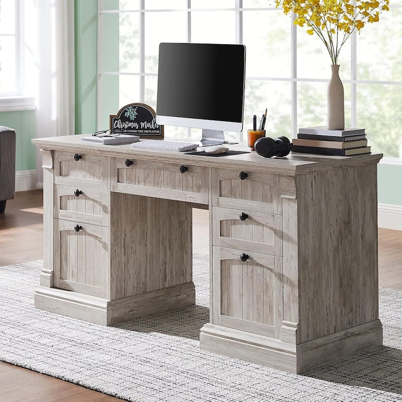 Farmhouse Computer Desk, Wood Home Office Desk with Charging Station - Antique Brushed White