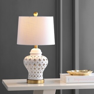 Eldora Fretwork 20.5" Pierced Ginger Jar Ceramic/Metal LED Table Lamp, White by JONATHAN Y