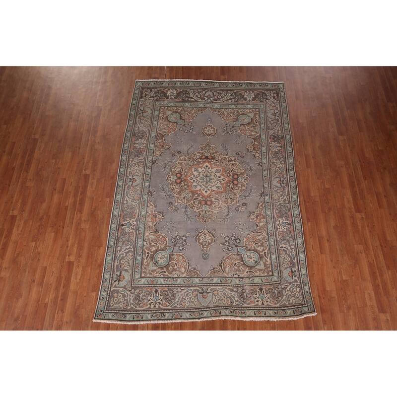 Hand Knotted Oriental 100% Wool Carpet Traditional Medallion Greys & Charcoal Tabriz Area Rug - 9' 8'' X 6' 5''