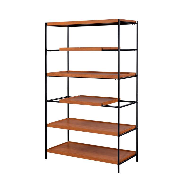 5 Tier Wooden Bookshelf with Open Metal Frame, Oak Brown and Black