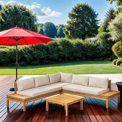 Outdoor Acacia Wood and Wicker 5 Seater Sectional Sofa Set, Grey